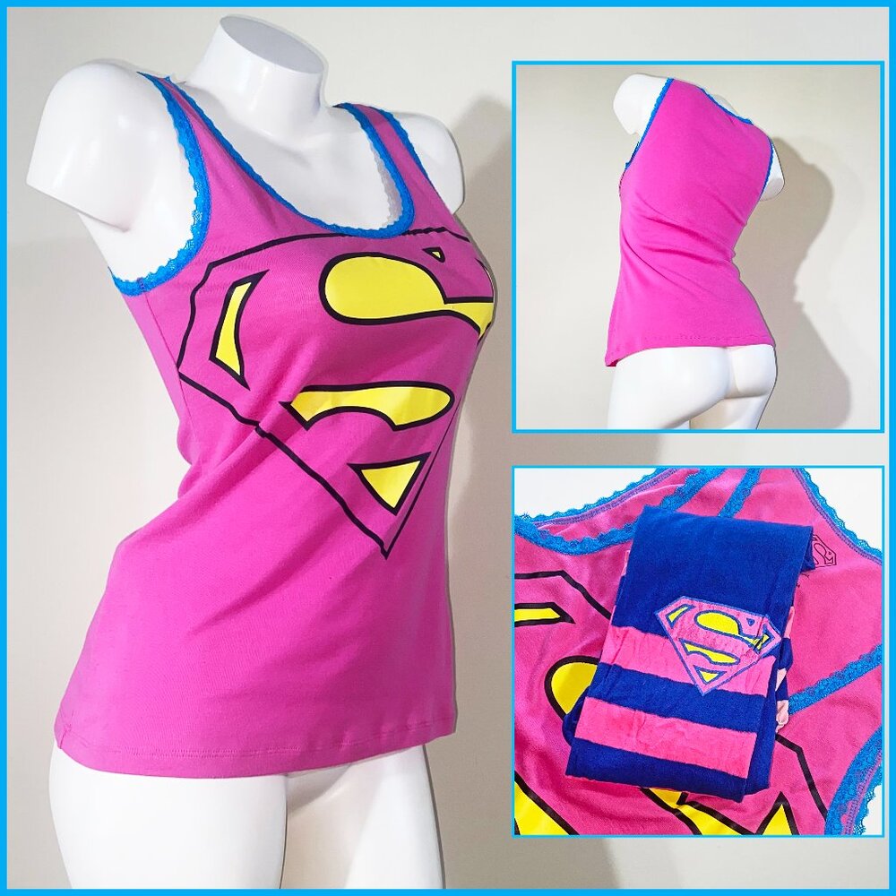 DC COMICS SUPER GIRL LOGO PRE-LOVED L PINK TANK & PINK/BLUE OMBRE STRIPED TIGHTS